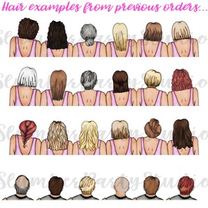 Pu&ograve; includere: Esempi di acconciature per donne e uomini. L'immagine mostra diversi stili di capelli per donne con capelli lunghi, corti e ricci. L'immagine mostra anche diversi stili di capelli per uomini con capelli corti, lunghi e calvi.