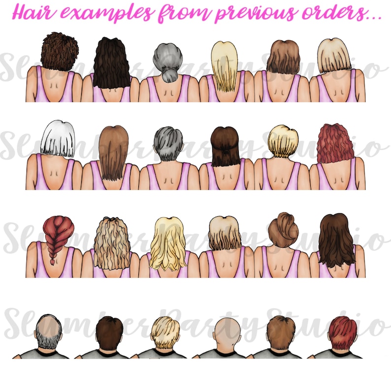 Pu&ograve; includere: Esempi di acconciature per donne e uomini. L'immagine mostra diversi stili di capelli per donne con capelli lunghi, corti e ricci. L'immagine mostra anche diversi stili di capelli per uomini con capelli corti, lunghi e calvi.