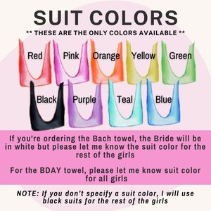 May include: A chart showing the available colors for bridesmaid suits. The colors are red, pink, orange, yellow, green, black, purple, teal, and blue. The text reads "Suit Colors" and "These are the only colors available".