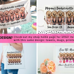 May include: A set of six personalized tote bags with a bachelorette party theme. Each bag features a cartoon illustration of a woman wearing a sun hat and swimsuit. The bags are white with black text that reads "Megan's Bachelorette Weekend" and "Las Vegas NV September 2018".
