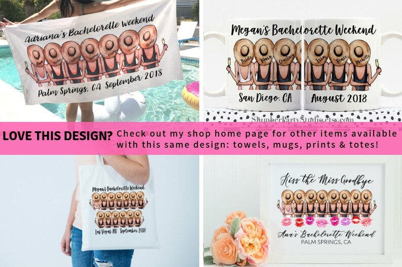 May include: A set of six personalized tote bags with a bachelorette party theme. Each bag features a cartoon illustration of a woman wearing a sun hat and swimsuit. The bags are white with black text that reads "Megan's Bachelorette Weekend" and "Las Vegas NV September 2018".