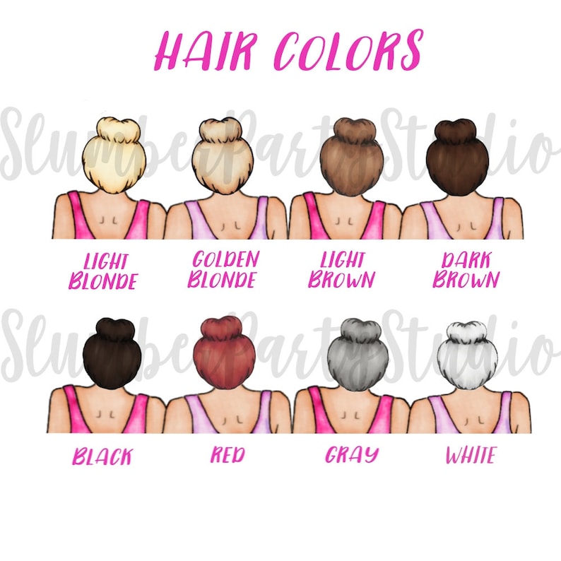 Pu&ograve; includere: Illustrazione di otto donne con diversi colori di capelli. I colori dei capelli sono biondo chiaro, biondo dorato, castano chiaro, castano scuro, nero, rosso, grigio e bianco. Le donne indossano canottiere rosa.