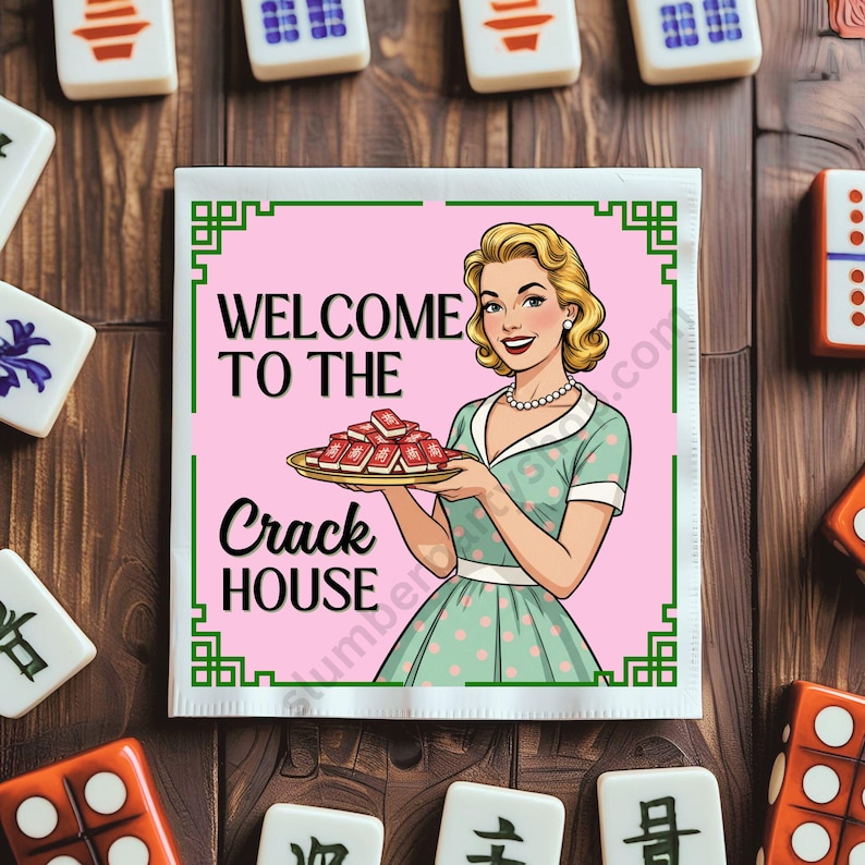 May include: A square, pink and green printed Mahjong tile holder with the text "WELCOME TO THE CRACK HOUSE" and a retro illustration of a woman holding a tray of tiles. Mahjong tiles and dice surround the holder.