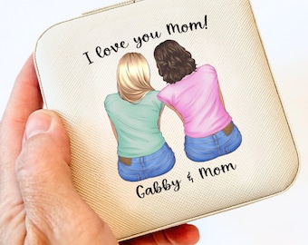 Personalized Mom and Daughter Jewelry Case – Custom Name Travel case with Mother Daughter Illustration, Gift for Mom Christmas Mother’s Day