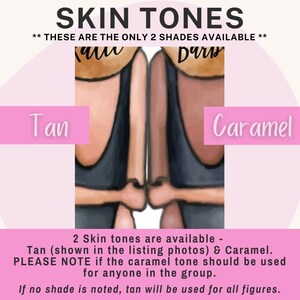 May include: Two skin tone options are available for custom illustrations: Tan and Caramel. The image shows two figures with different skin tones, one labeled "Tan" and the other labeled "Caramel".