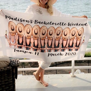 May include: A white bachelorette party banner with the text "Madison's Bachelorette Weekend" and "Tampa, FL March 2020". The banner features a row of 10 cartoon women wearing black swimsuits and straw hats.