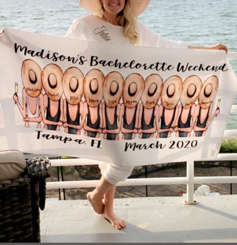 May include: A white bachelorette party banner with the text "Madison's Bachelorette Weekend" and "Tampa, FL March 2020". The banner features a row of 10 cartoon women wearing black swimsuits and straw hats.