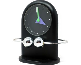 1980s Postmodern Black & Silver Pendulum Desk Clock