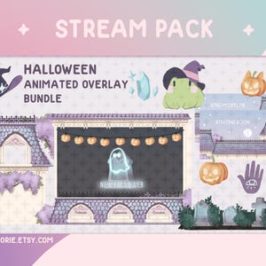 Può includere: Pacchetto di overlay di streaming animato di Halloween con una casa infestata, un fantasma, zucche e un cappello da strega. L'overlay include elementi animati come un avviso di nuovo follower e schermate di streaming offline e di inizio imminente.