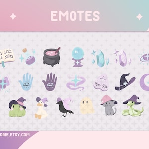 May include: A set of 18 digital illustrations featuring a variety of whimsical and magical themes, including a cauldron, a crystal ball, a book, a hand with an eye, a crescent moon, a snake, a frog, a cat, a ghost, a raven, a crystal, and a witch's hat. The illustrations are in a pastel colour palette and have a cute and playful style.