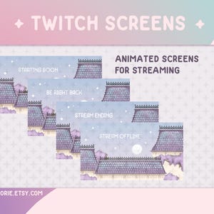 Może przedstawiać: Cztery animowane ekrany Twitch w fioletowo-białej kolorystyce. Ekrany przedstawiają stylizowany rysunek budynku z księżycem i gwiazdami w tle. Tekst na ekranach brzmi: "Wkrótce rozpoczynamy", "Zaraz wracamy", "Koniec transmisji" i "Transmisja offline".