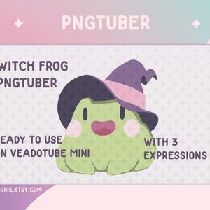 May include: Witch Frog PNGTuber, a green frog wearing a purple and pink witch hat. The frog has a happy expression and is ready to use on Veadotube Mini with 3 expressions.