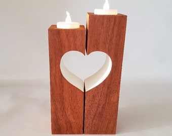 Romantic sweetheart candle holders in striking vermillion hardwood