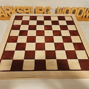 Maple, Walnut, and Deep Red Resin chessboard