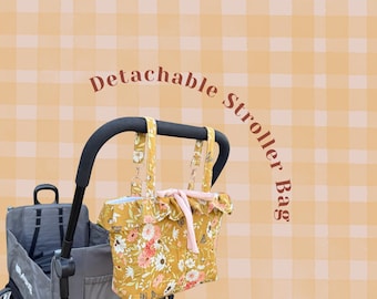Mustard Floral Detachable Stroller Bag | Wagon Organizer Tote | Handmade Stroller Caddy for Wagons, Strollers, and Umbrela Strollers