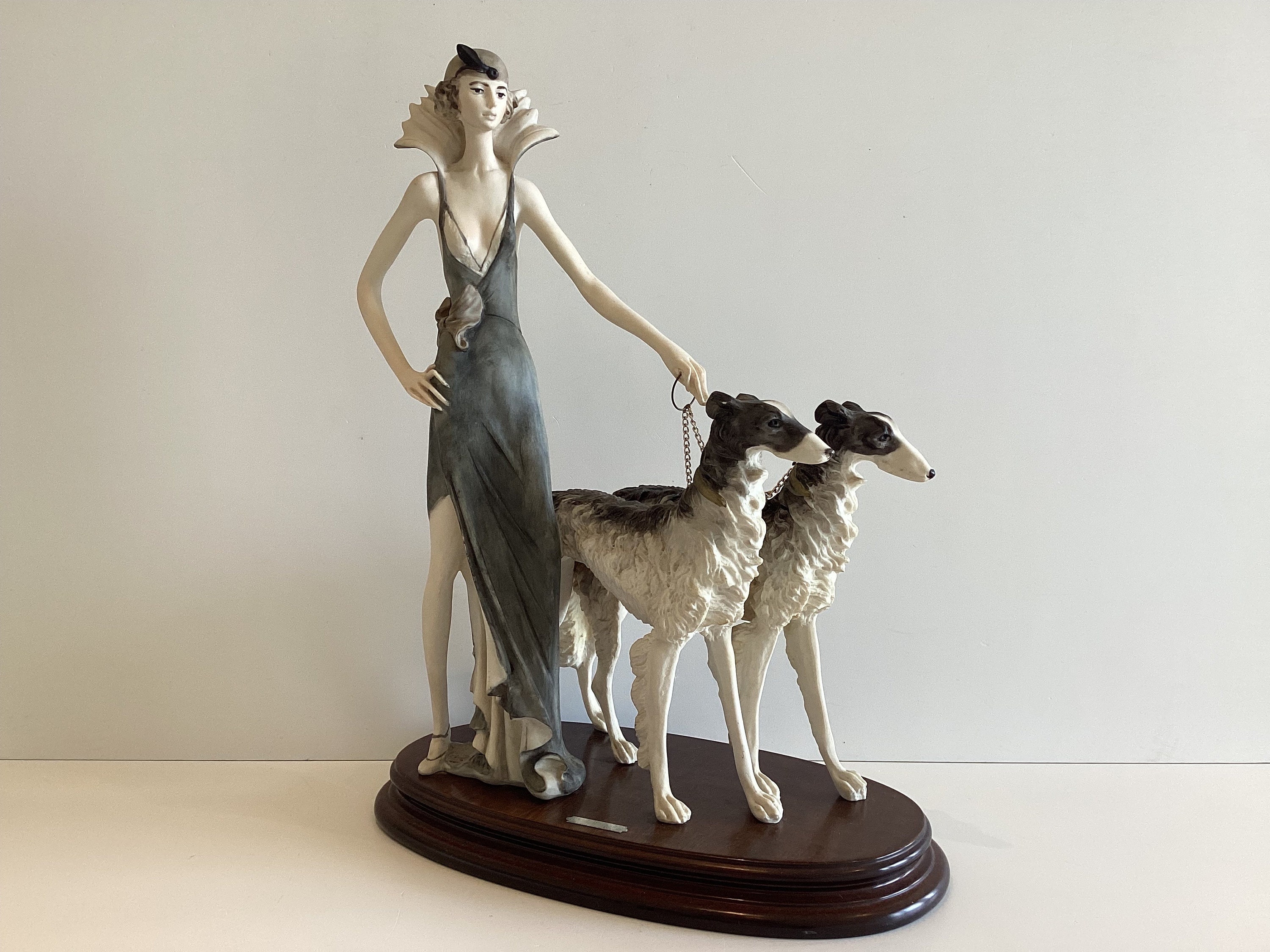 Art Deco Sculpture (1970s) A. Santini Lady With Two Borzoi Dogs