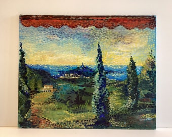 Vintage Painting | 1900s French Impressionist View of Menton, Pointillist Oil on Canvas