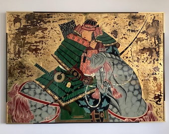 Pop Art Painting | 1970s Acrylic Gold Leaf Samurai, Japanese Warrior Bold Colors