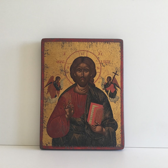 ヴィンテージ正教会イコン | キリスト全能者像 1950年代ギリシャ、木に