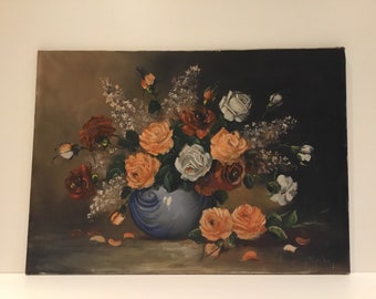 Vintage Blumenmalerei | 1930er Jahre Niederländisches Art Deco Stillleben, Öl auf Leinwand Signiert