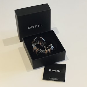 Könnte beinhalten: Ein silbernes, kupferfarbenes und schwarzes Armband liegt in einer offenen schwarzen Schachtel. Auf der Schachtel ist der Markenname "BREIL" in Silber aufgedruckt. Eine kleine Karte mit dem Markennamen und "Echtheitszertifikat" ist ebenfalls zu sehen.