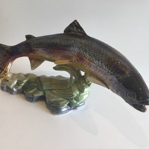 Large Fish H. Bequet, Quaregnon (1950s) Policrome Iridescent Majolica Trout