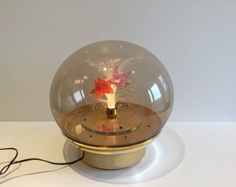 Table Lamp In Smoked Plexiglas (1970s) Revolving Optic Fiber Flowers