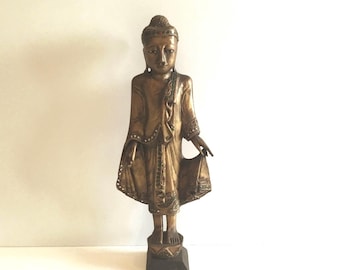 ヴィンテージ手彫り木製仏像、タイ仏像アート（7.7インチ/19.5 cm