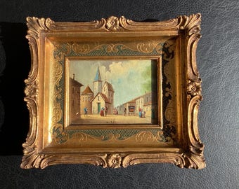 Antique Painting Miniature Oil Village Scene 19th Century Framed Signed Weber