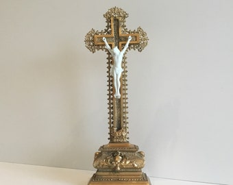 Antique Crucifix | 1940s French Gilded Wood, Bisque Porcelain Christ Gold Metal Decor