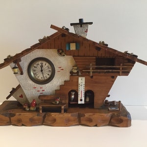 Large Wooden Chalet (1950s) Table Clock - Barometer Made In Germany