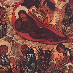 May include: An abstract painting depicting a religious scene with figures in various poses. The artwork features a central figure with a halo, surrounded by other individuals and animals. The color palette includes reds, browns, and gold.