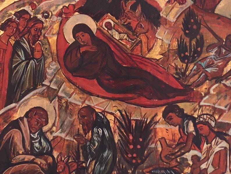 May include: An abstract painting depicting a religious scene with figures in various poses. The artwork features a central figure with a halo, surrounded by other individuals and animals. The color palette includes reds, browns, and gold.