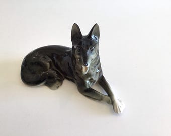Vintage Porcelain | German Shepherd Figurine 1950s West Germany, Cortendorf Style Lying Dog