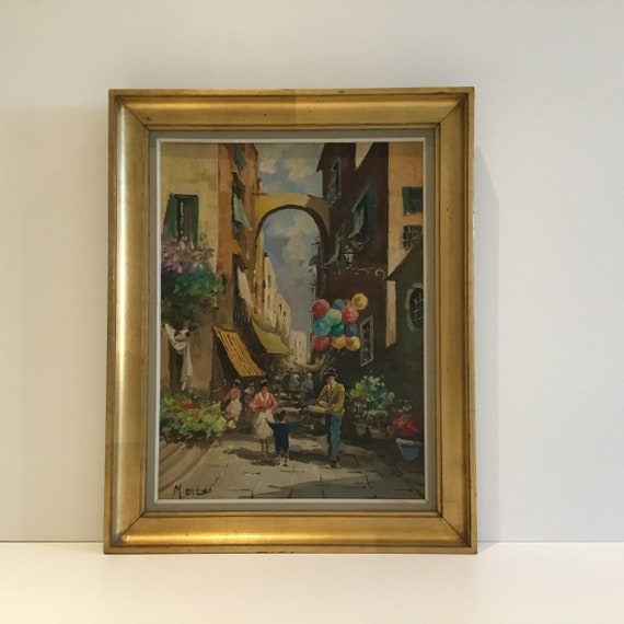 ヴィンテージイタリア絵画 | 1930年代のナポリ市場の風景、M. Di Leo作