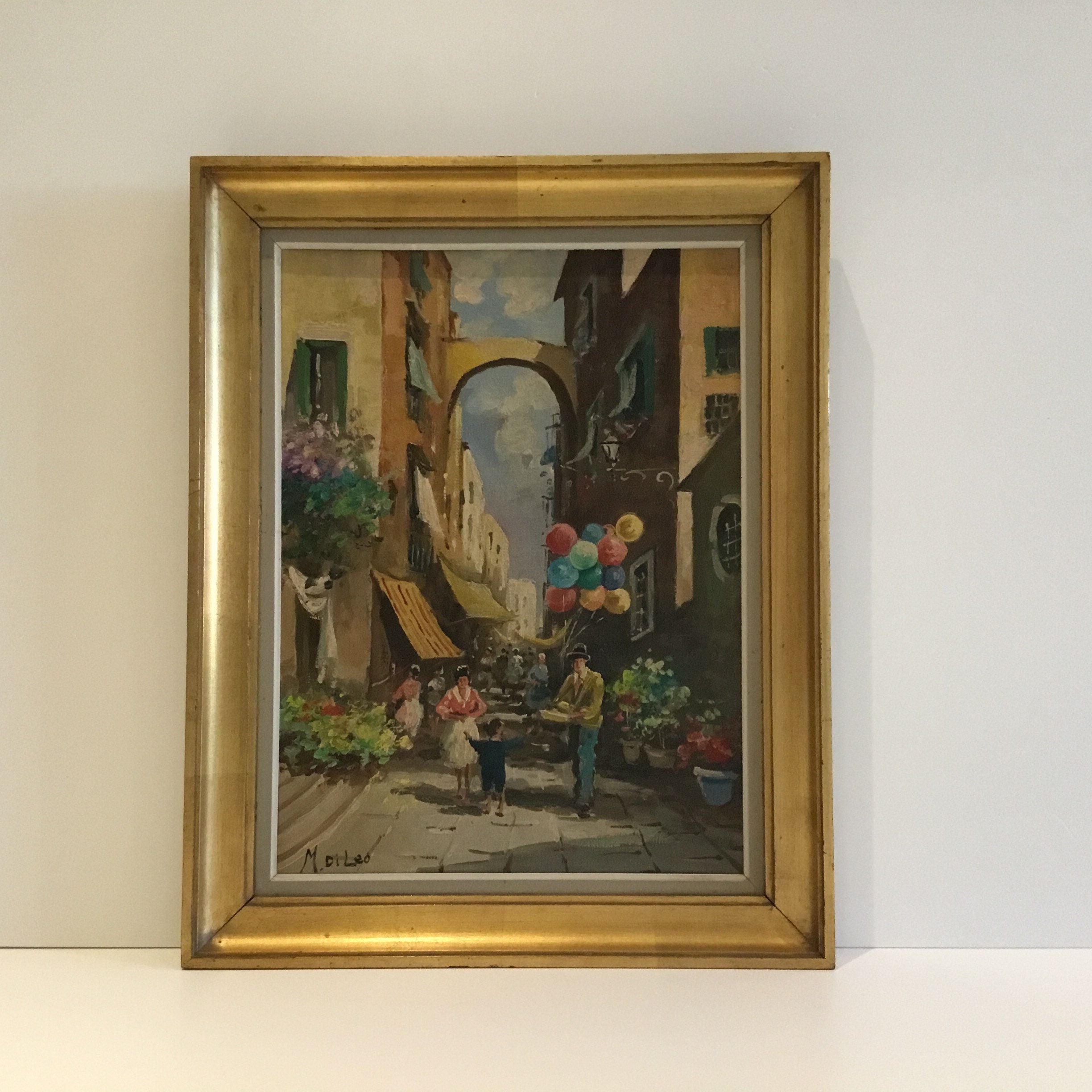 ヴィンテージイタリア絵画 | 1930年代のナポリ市場の風景、M. Di Leo作