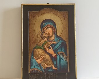 Vintage Greek Icon | 1980s Madonna of Tenderness, Hand Painted Tempera on Wood