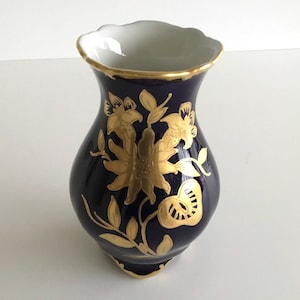 Vintage Porcelain Vase | JImenau Germany 1960s Cobalt Blue Gold, Hand Painted Floral
