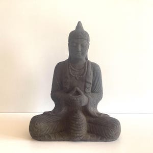 May include: A dark grey Buddha statue in a seated meditation pose. The statue has closed eyes, a serene expression, and hands clasped in prayer. The figure is wearing a robe and a necklace, with finely carved details.