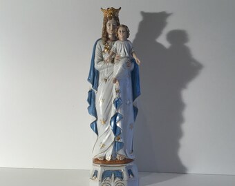 Grande figurine de Vierge à l'enfant en porcelaine (années 1900) Fabriquée en France