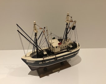 Vintage Wooden Boat | 1970s Handmade Fishing Ship Model, Collectible Nautical Decor