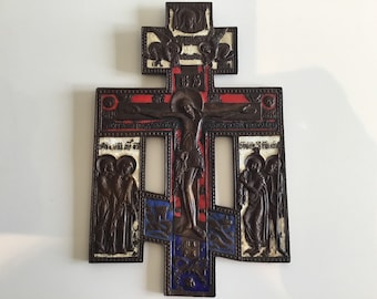Antique  Crucifix (1800s) Ukrainian Jesus Icon, Bronze Enamel Cross, Vintage Religious Art, Home Altar