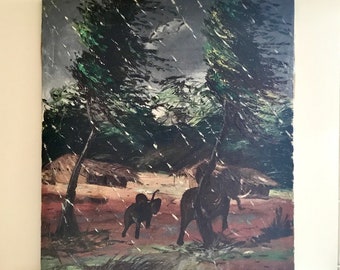 Oil Painting On Canvas With Elephants (1950s) Signed Ende