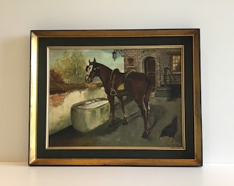 Dipinto vintage di cavallo / G. Bianchi 1963 Italiano Olio su tela, Ritratto di fattoria con cornice