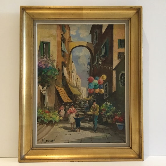 ヴィンテージイタリア絵画 | 1930年代のナポリ市場の風景、M. Di Leo作