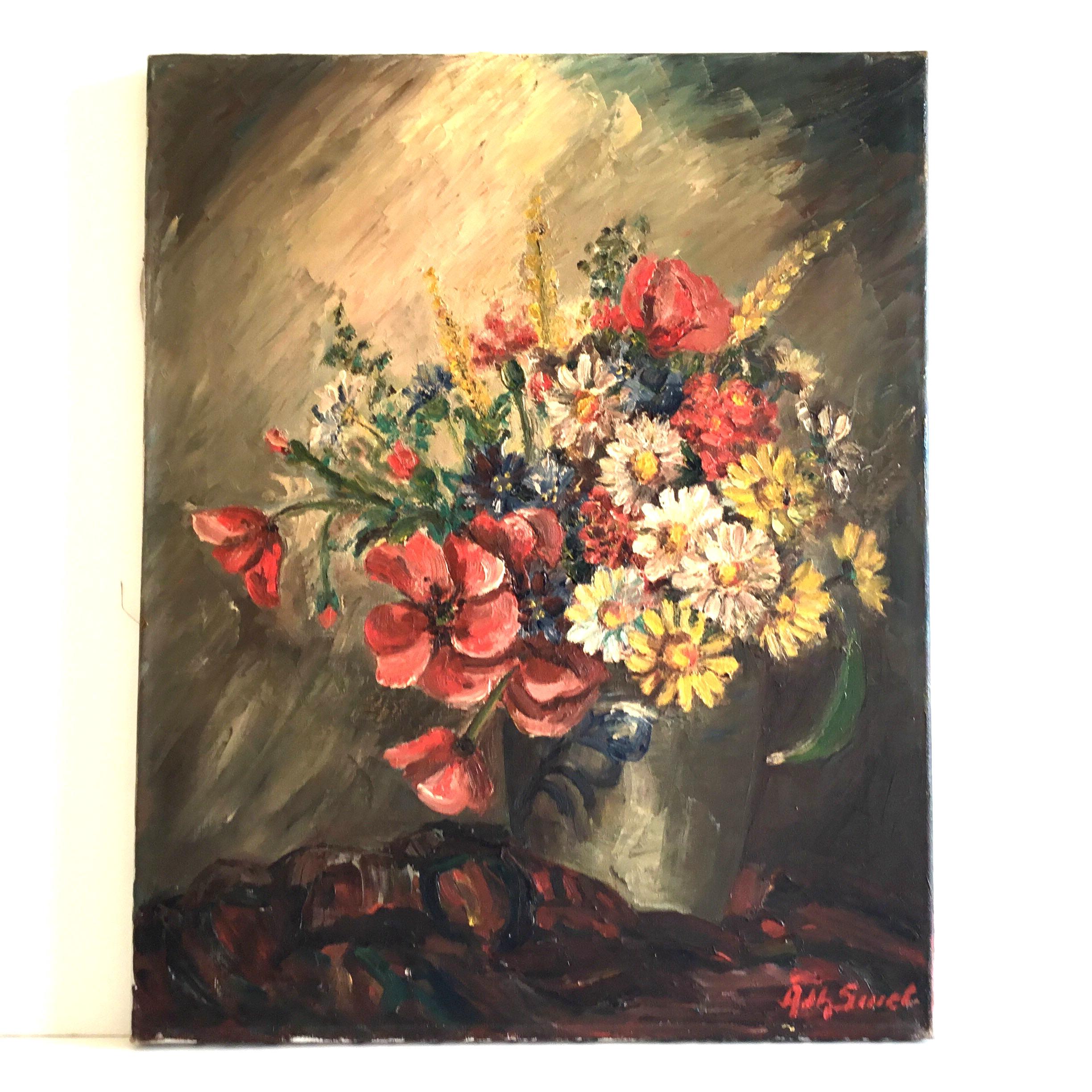 絵画　油彩画　花　アンティーク 風合いある色彩豊かな花の油絵