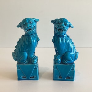 Turquoise Porcelain Foo Dogs (1960s) Feng Shui, Made In China