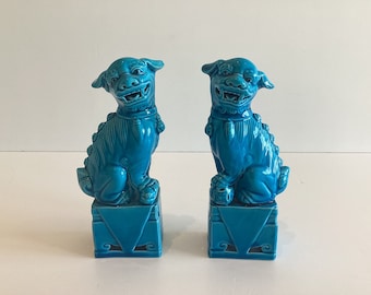 Vintage Porcelain | 1960s Chinese Foo Dogs Pair, Turquoise Glaze Feng Shui Deco
