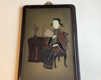 アンティークの中国製オリジナル裏面塗装済み絵画「水辺の女性と睡蓮