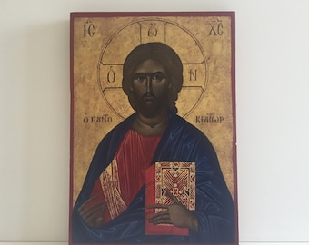 Vintage Orthodox Icon | Pantocrator Christ 1950s Greece, Tempera on Wood